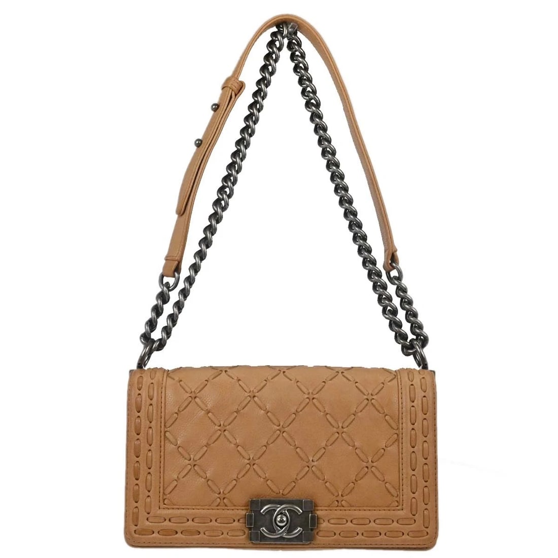 BOY CHANEL BEIGE CALFSKIN MEDIUM CHAIN SHOULDER BAG: Boy Chanel Beige Calfskin Medium Chain Shoulder Bag Brand: CHANEL Type/Style: Shoulder Bag Material: Caviar skin leather Color: Beige Size: W 9.8 x H 5.9 x D 3.1 inch Accessories: None Accessories