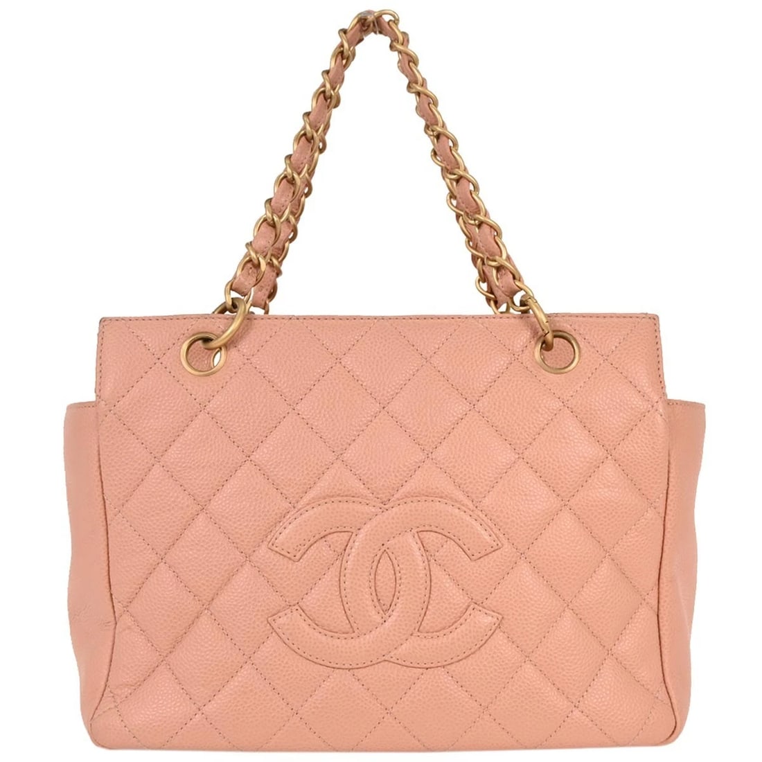 CHANEL PINK CALFSKIN TOTE CHAIN HANDBAG: Chanel Pink Calfskin Tote Chain Handbag Brand: CHANEL Type/Style: Tote Material: Caviar Skin Leather Color: Pink Size: W 9.8 x H 7.5 x D 5.7 inch Accessories: None Accessories Notice: When purchasing