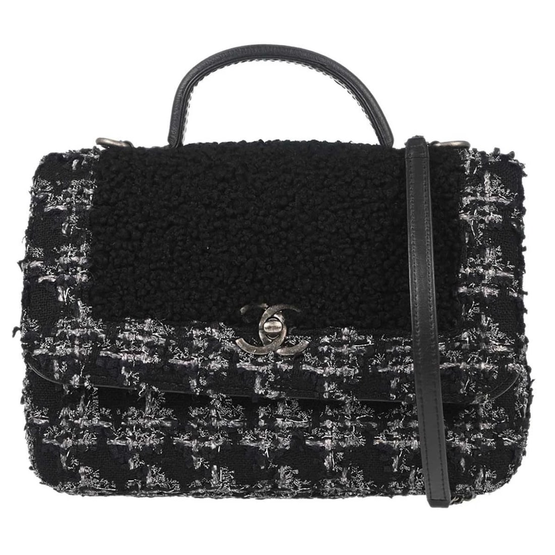 CHANEL BLACK TWEED SHIERLING TOP HANDLE 2WAY HANDBAG: Chanel Black Tweed Shierling Top Handle 2way Handbag Brand: CHANEL Type/Style: Top Handle Bag Material: Tweed, Shierling Color: Black Size: W 9.4 x H 6.7 x D 3.1 inch Accessories: None Acc