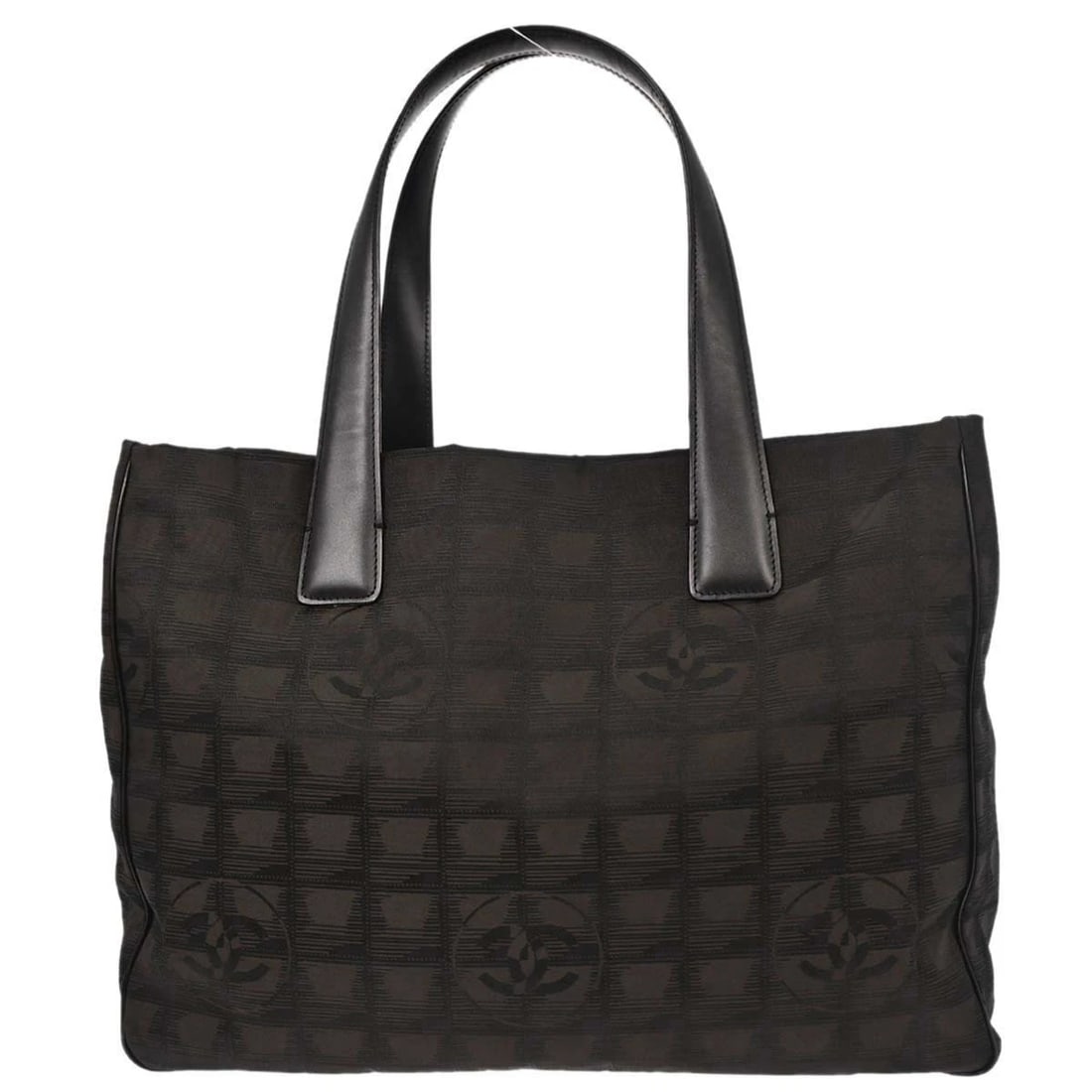 CHANEL BROWN JACQUARD NYLON TRAVEL LINE TOTE HANDBAG: Chanel Brown Jacquard Nylon Travel Line Tote Handbag Brand: CHANEL Type/Style: Tote Material: Jacquard Nylon, Leather Color: Brown Size: W 14.2 x H 10.2 x D 5.9 inch Accessories: None Acce