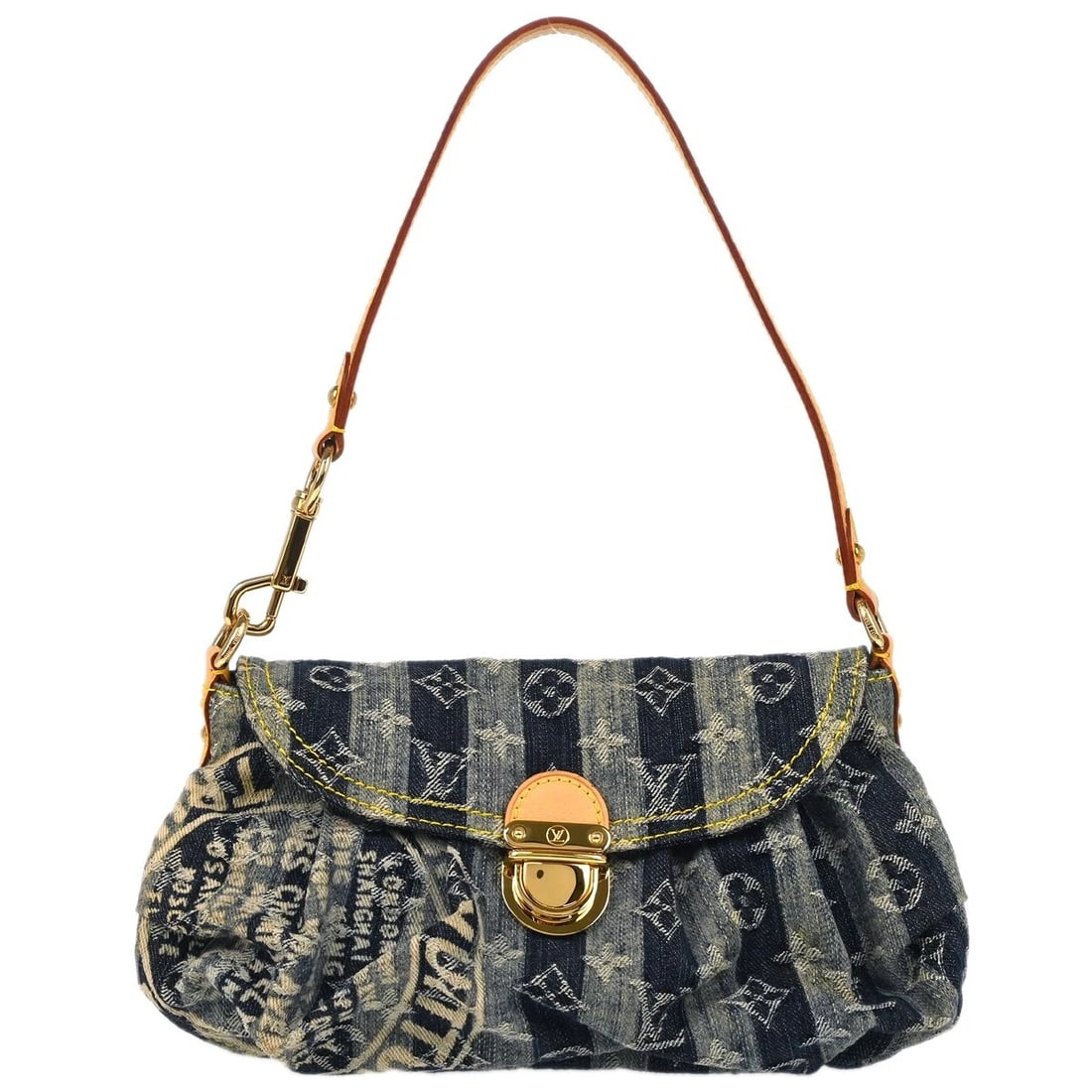 LOUIS VUITTON BLUE MONOGRAM DENIM MINI PLEATY RAYE HANDBAG: Louis Vuitton Blue Monogram Denim Mini Pleaty Raye Handbag Brand: Louis Vuitton Type/Style: Hand Bag Material: Monogram denim canvas, Leather Color: Blue Size: W 10.2 x H 5.9 x D 2.8 inch Accessor