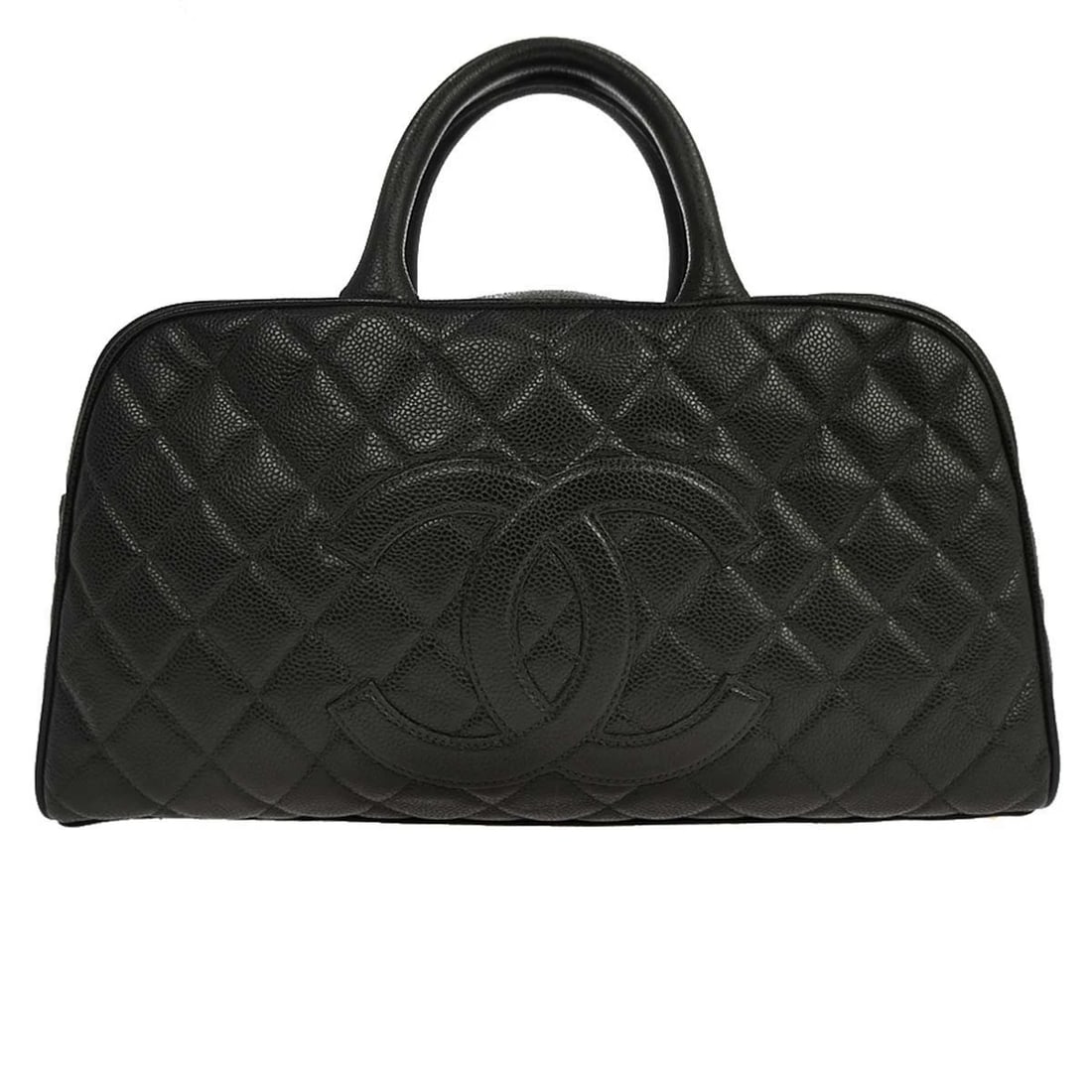 CHANEL BLACK CALFSKIN BOWLING BAG: Chanel Black Calfskin Bowling Bag Brand: CHANEL Type/Style: Top Handle Bag Material: Caviar Skin Leather Color: Black Size: W 14.6 x H 7.9 x D 4.3 inch Accessories: None Accessories Notice