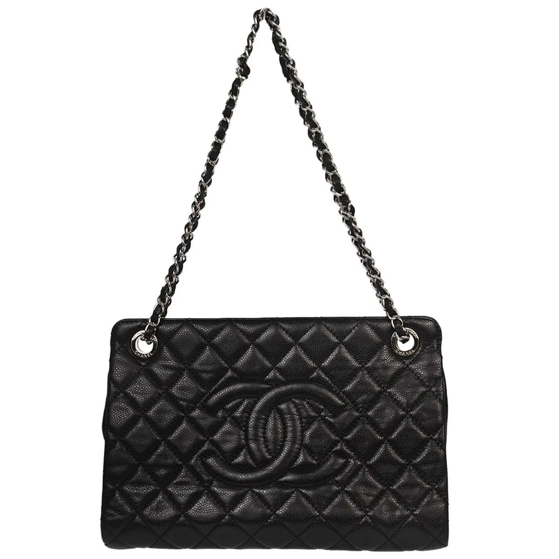 CHANEL BLACK CALFSKIN CHAIN TOTE BAG: Chanel Black Calfskin Chain Tote Bag Brand: CHANEL Type/Style: Tote Material: Caviar skin leather Color: Black Size: W 11.8 x H 7.9 x D 4.3 inch Accessories: None Accessories Notice: When