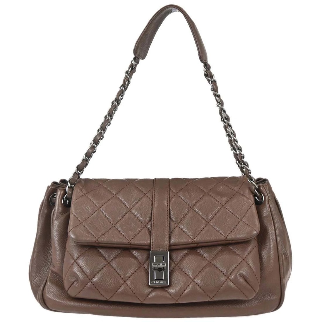 CHANEL BROWN CALFSKIN MADEMOISELLE HANDBAG: Chanel Brown Calfskin Mademoiselle Handbag Brand: CHANEL Type/Style: Top Handle Bag Material: Caviar skin leather Color: Brown Size: W 10.6 x H 5.1 x D 5.1 inch Accessories: None Accessori