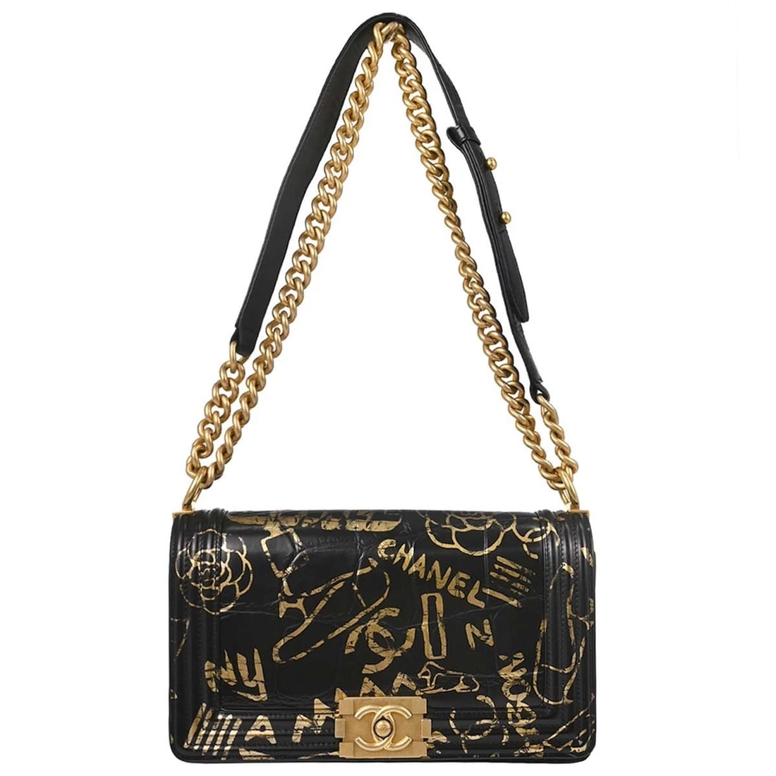 BOY CHANEL BLACK CALFSKIN GRAFFITI MEDIUM CHAIN SHOULDER BAG: Boy Chanel Black Calfskin Graffiti Medium Chain Shoulder Bag Brand: CHANEL Type/Style: Shoulder Bag Material: Calfskin Color: Black Size: W 9.8 x H 5.9 x D 3.1 inch Accessories: None Accessories
