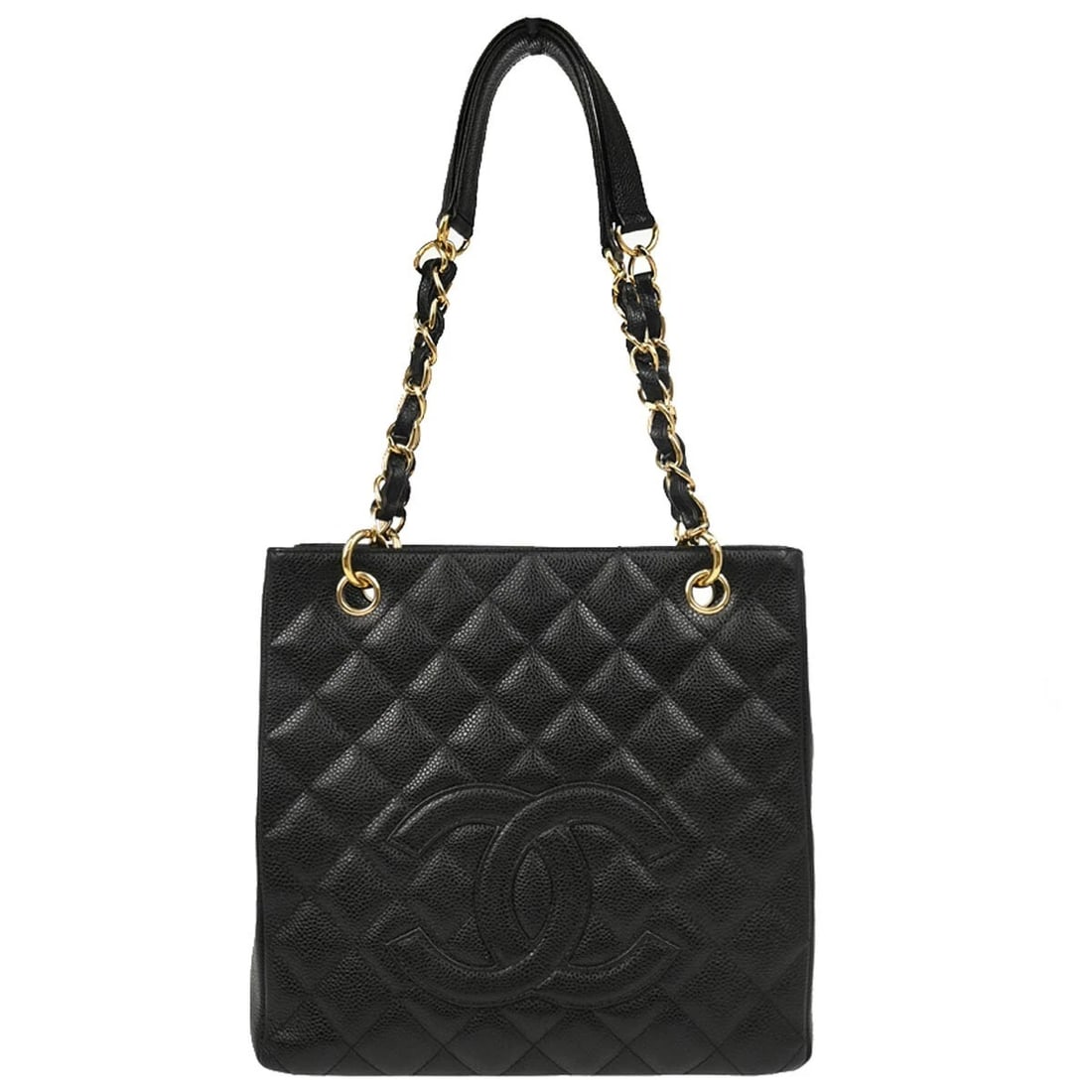 CHANEL BLACK CALFSKIN PETITE CHAIN HANDBAG: Chanel Black Calfskin Petite Chain Handbag Brand: CHANEL Type/Style: Tote Material: Caviar Skin Leather Color: Black Size: W 24.0 x H 24.0 x D 8.5 cm Accessories: None Accessories Notice: