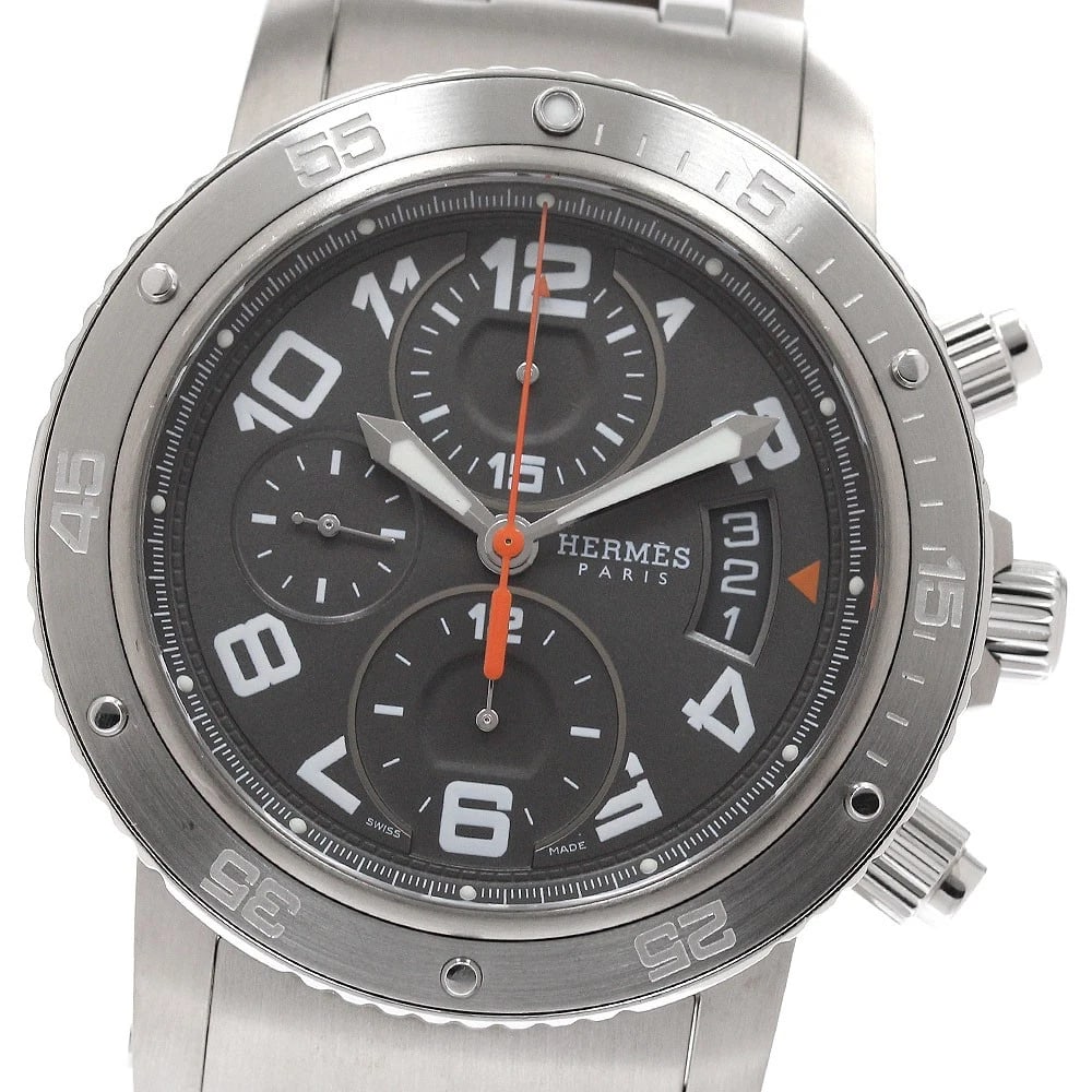 HERMES CLIPPER CHRONOGRAPH AUTOMATIC WATCH: HERMES Clipper Chronograph Automatic Watch Brand: HERMES Type/Style: Wristwatch Material: Band Material Stainless Steel / Titanium, Case Material Stainless Steel / Titanium Color: Dial Color gray