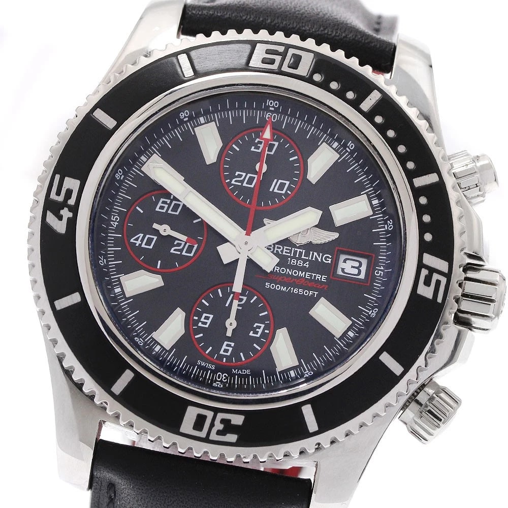 BREITLING SUPER OCEAN CHRONOGRAPH BLACK AUTOMATIC WATCH: BREITLING Super Ocean Chronograph black Automatic Watch Brand: BREITLING Type/Style: Wristwatch Material: Band Material leather, Case Material Stainless Steel Color: Dial Color black Size: Case size