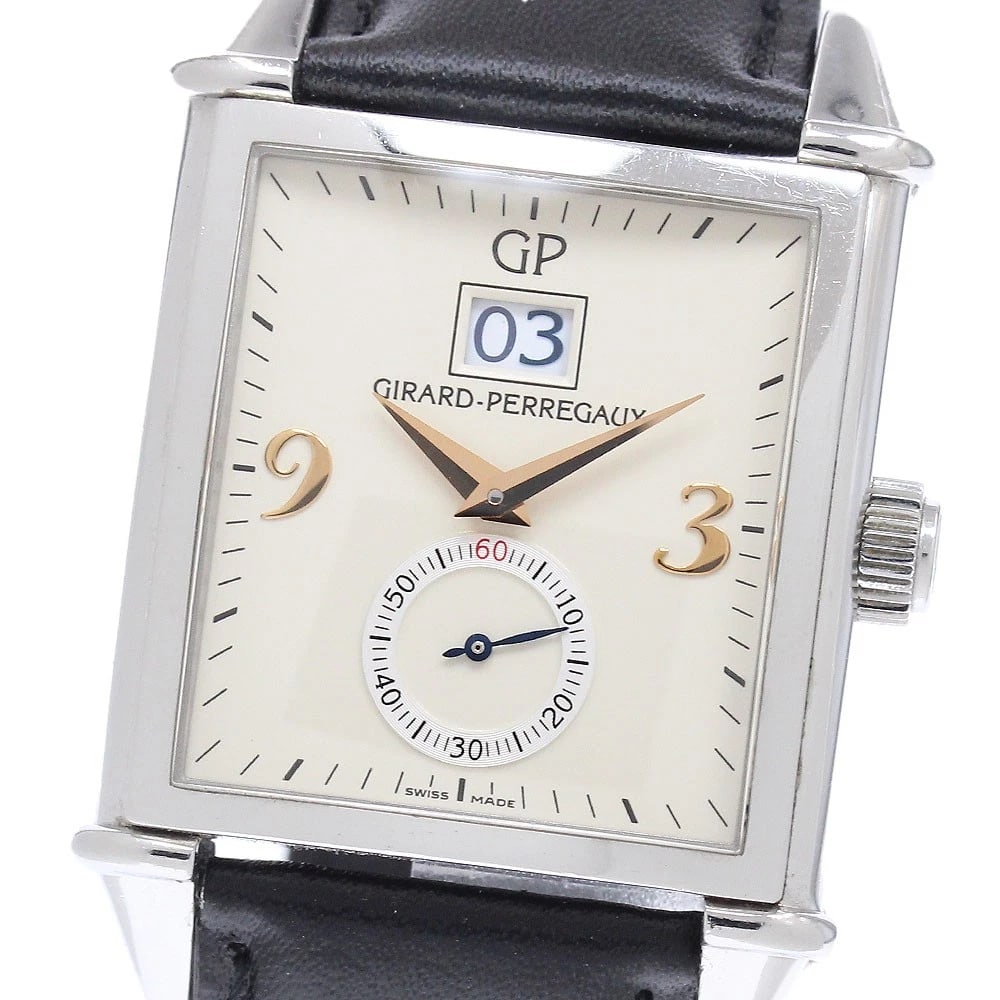 GIRARD PERREGAUX DATE AUTOMATIC WATCH: GIRARD PERREGAUX Date Automatic Watch Brand: GIRARD PERREGAUX Type/Style: Wristwatch Material: Band Material leather, Case Material Stainless Steel Color: Dial Color beige Size: Case size About 32mm