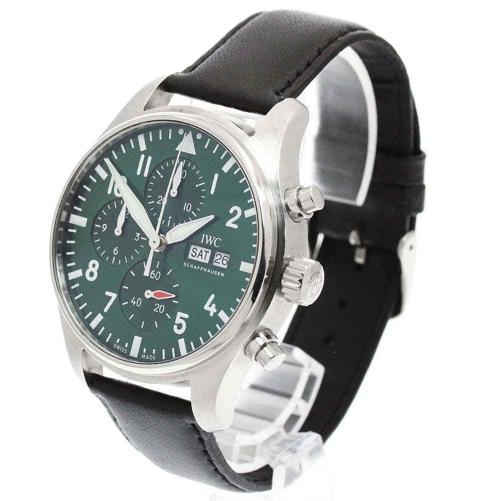 IWC SCHAFFHAUSEN PILOT WATCH CHRONOGRAPH GREEN WATCH: IWC SCHAFFHAUSEN Pilot watch Chronograph green Watch Brand: IWC SCHAFFHAUSEN Type/Style: Wristwatch Material: Band Material leather, Case Material Stainless Steel Color: Dial Color green Size: Case si