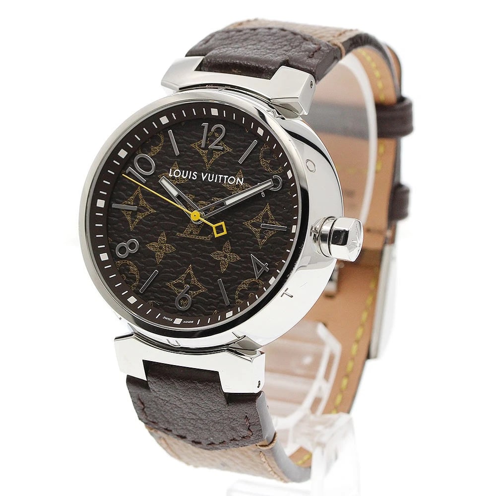 LOUIS VUITTON TAMBOUR BROWN QUARTZ WATCH: LOUIS VUITTON Tambour Brown Quartz Watch Brand: LOUIS VUITTON Type/Style: Wristwatch Material: Band Material leather, Case Material Stainless Steel Color: Dial Color Brown Size: Case size About