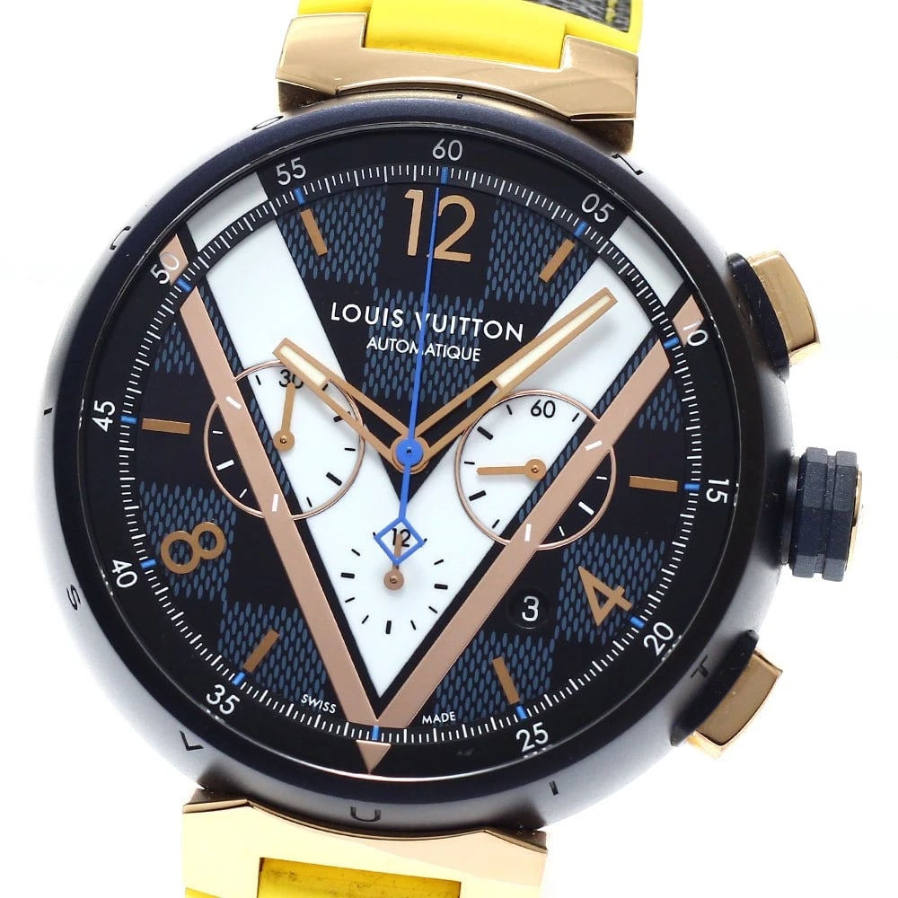 LOUIS VUITTON TAMBOUR AUTOMATIC WATCH: LOUIS VUITTON Tambour Automatic Watch Brand: LOUIS VUITTON Type/Style: Wristwatch Material: Band Material rubber, Case Material Stainless Steel/K18PG Color: Dial Color Navy Size: Case size About 46mm