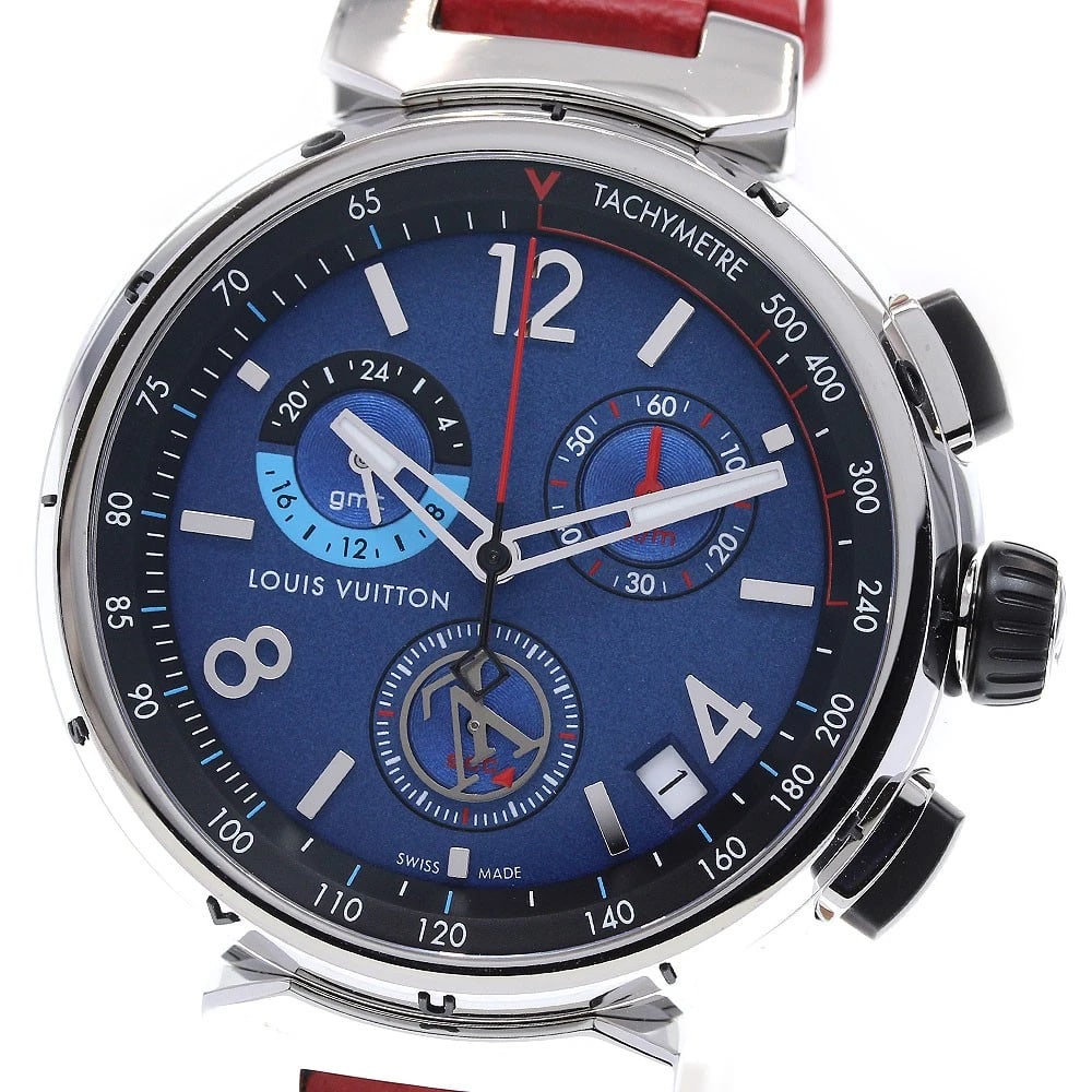 LOUIS VUITTON TAMBOUR CHRONOGRAPH QUARTZ WATCH: LOUIS VUITTON tambour Chronograph Quartz Watch Brand: LOUIS VUITTON Type/Style: Wristwatch Material: Band Material leather, Case Material Stainless Steel Color: Dial Color blue Size: Case size About