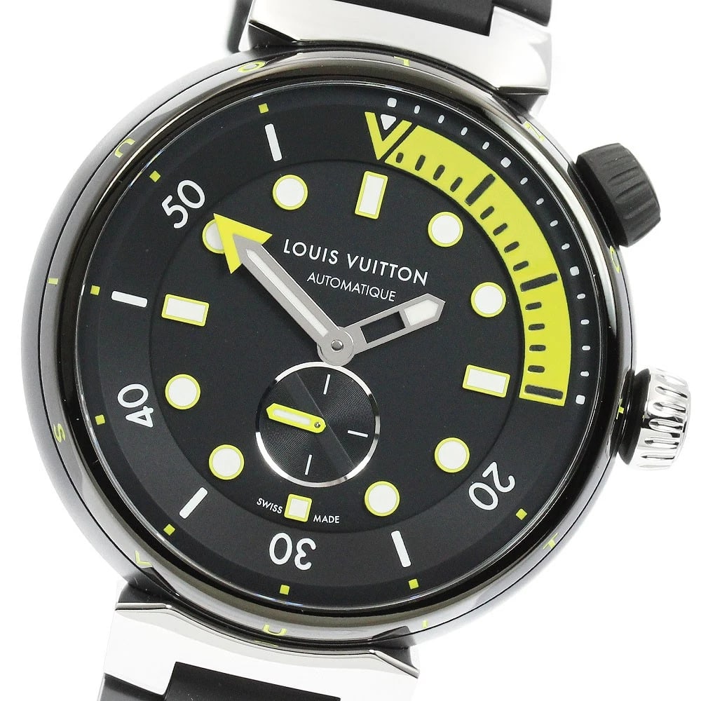 LOUIS VUITTON TAMBOUR AUTOMATIC WATCH: LOUIS VUITTON Tambour Automatic Watch Brand: LOUIS VUITTON Type/Style: Wristwatch Material: Band Material rubber, Case Material Stainless Steel Color: Dial Color black Size: Case size About 44mm