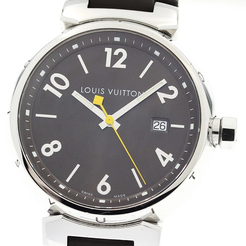LOUIS VUITTON TAMBOUR DATE BROWN QUARTZ WATCH: LOUIS VUITTON Tambour Date Brown Quartz Watch Brand: LOUIS VUITTON Type/Style: Wristwatch Material: Band Material leather, Case Material Stainless Steel Color: Dial Color Brown Size: Case size About