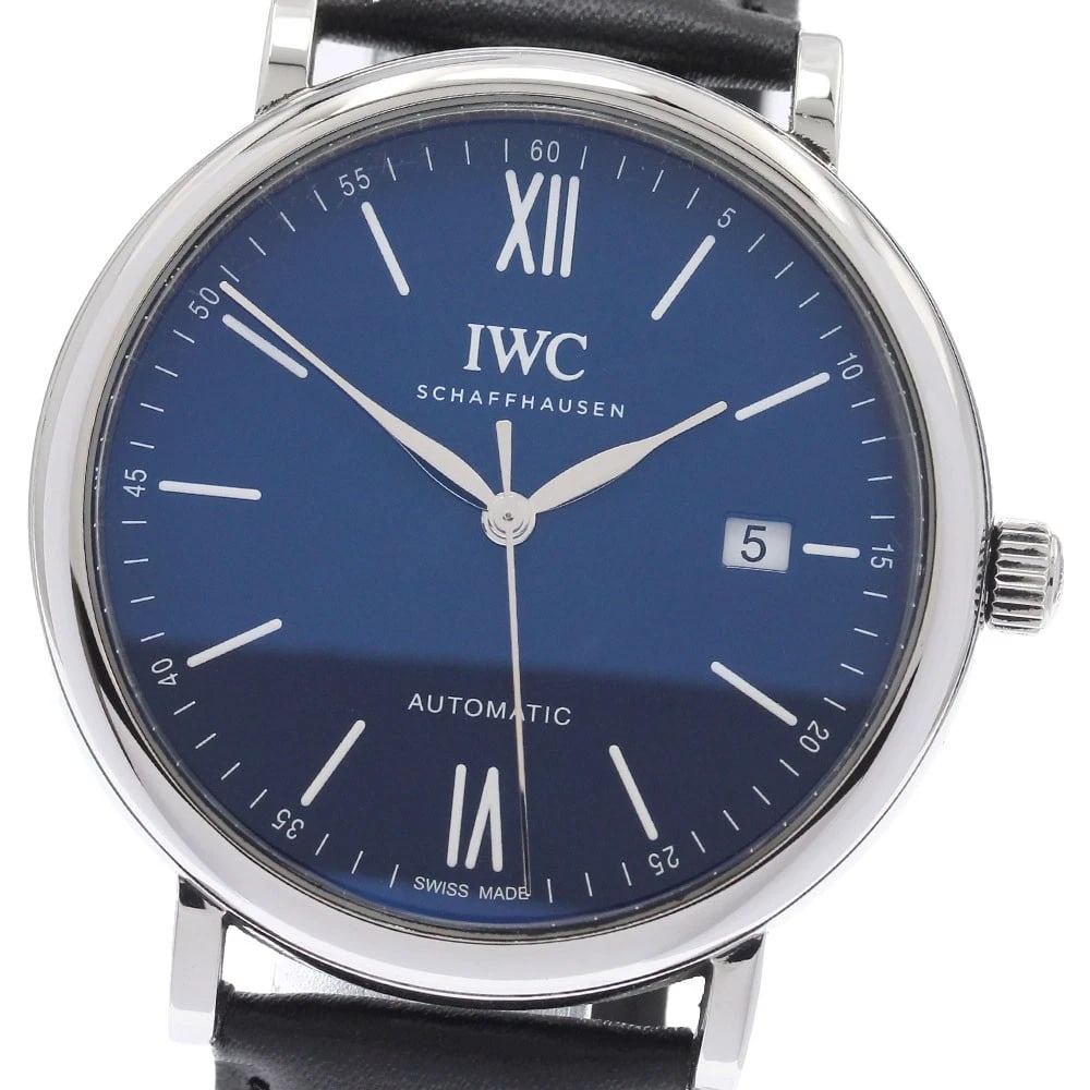 IWC SCHAFFHAUSEN DATE AUTOMATIC WATCH: IWC SCHAFFHAUSEN Date Automatic Watch Brand: IWC SCHAFFHAUSEN Type/Style: Wristwatch Material: Band Material leather, Case Material Stainless Steel Color: Dial Color Navy Size: Case size About