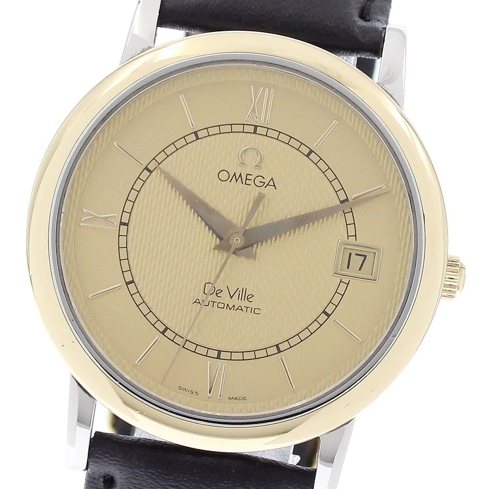 OMEGA DE VILLE PRESTIGE YG BEZEL DATE AUTOMATIC WATCH: OMEGA De Ville Prestige YG bezel Date Automatic Watch Brand: OMEGA Type/Style: Wristwatch Material: Band Material leather, Case Material Stainless Steel/YG Color: Dial Color gold Size: Case size