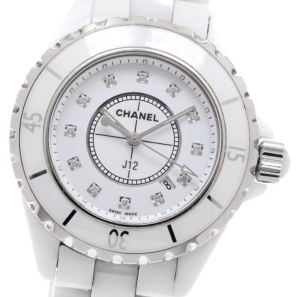 CHANEL J12 WHITE CERAMIC DIAMOND QUARTZ WATCH: CHANEL J12 White ceramic diamond Quartz Watch Brand: CHANEL Type/Style: Wristwatch Material: Band Material Ceramic / Stainless Steel, Case Material Ceramic / Stainless Steel Color: Dial Color white