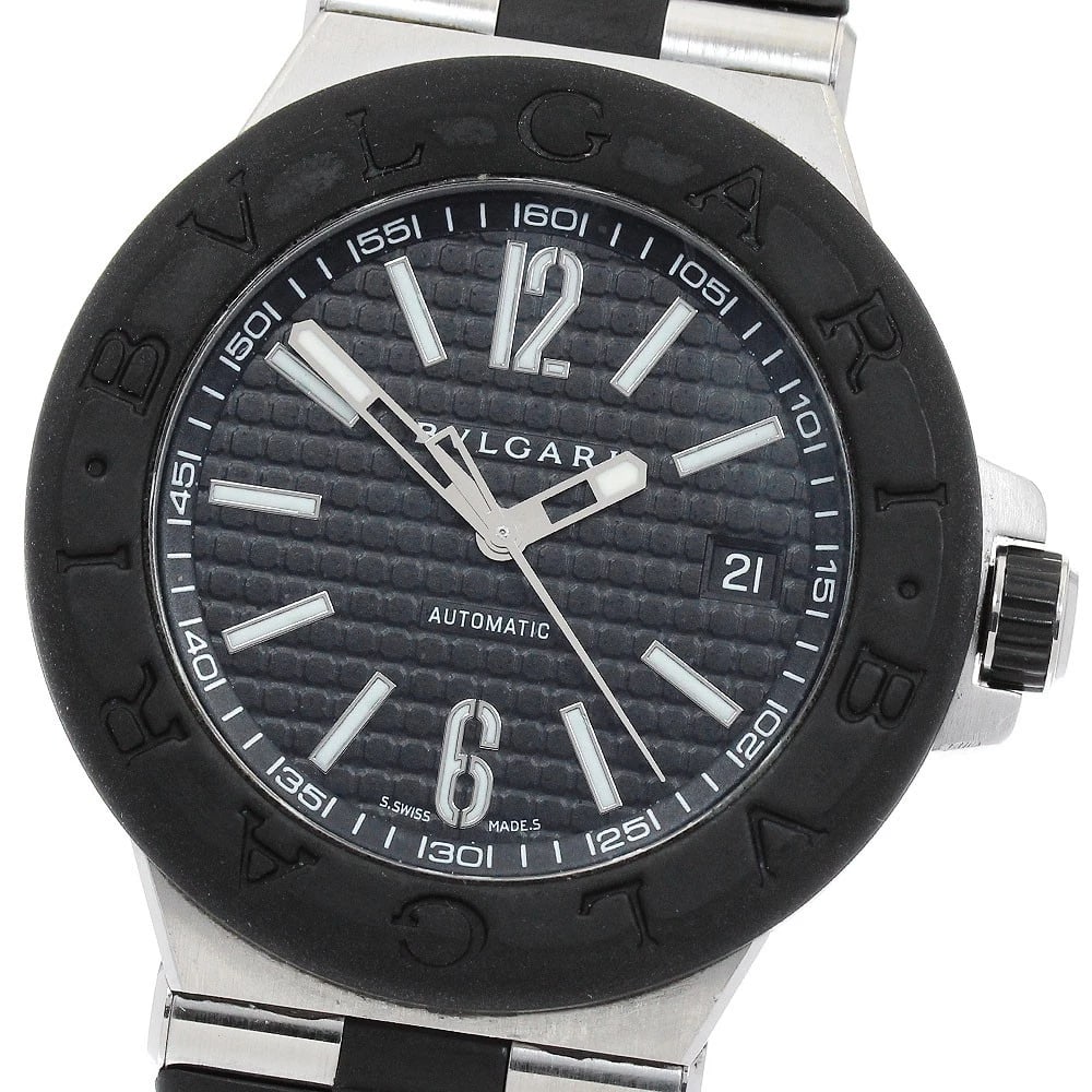 BVLGARI DIAGONO DATE BLACK AUTOMATIC WATCH: BVLGARI Diagono Date black Automatic Watch Brand: BVLGARI Type/Style: Wristwatch Material: Band Material Stainless Steel / Rubber, Case Material Stainless Steel / Rubber Color: Dial Color black Size: