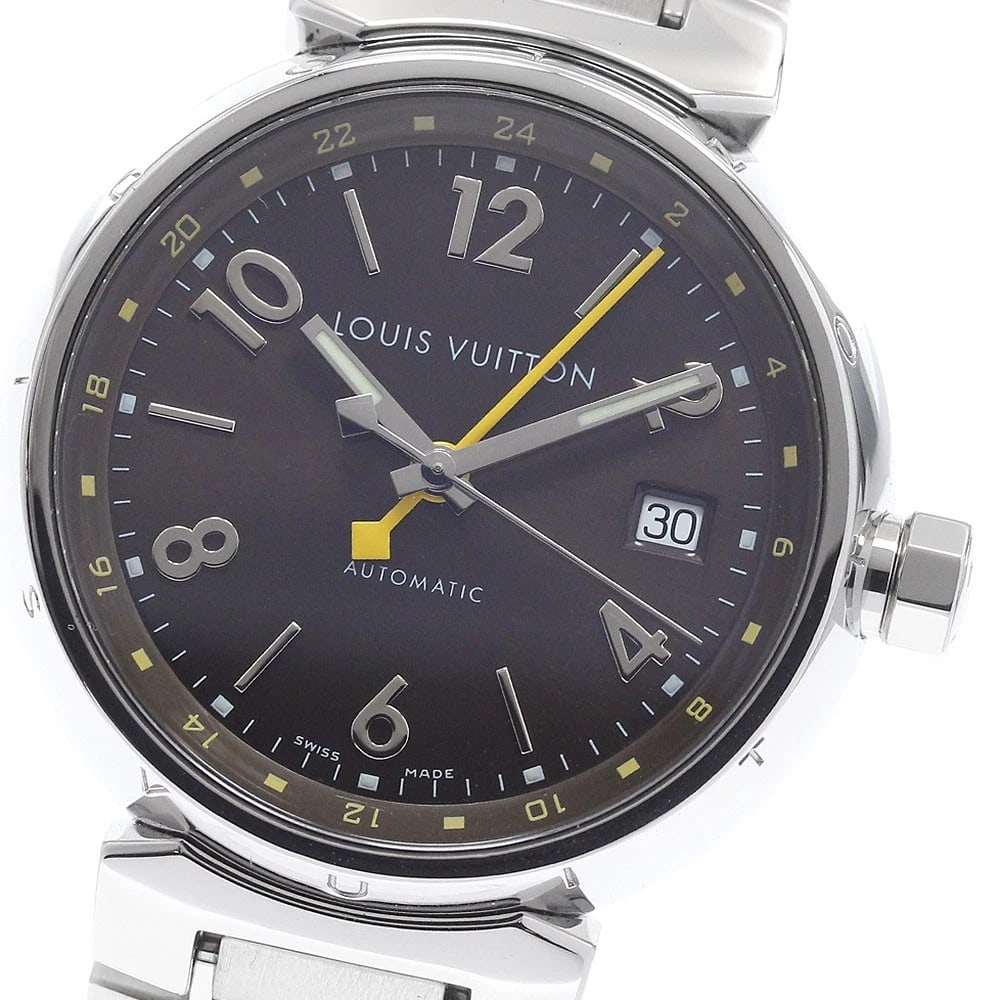 LOUIS VUITTON TAMBOUR DATE BROWN AUTOMATIC WATCH: LOUIS VUITTON Tambour Date Brown Automatic Watch Brand: LOUIS VUITTON Type/Style: Wristwatch Material: Band Material Stainless Steel, Case Material Stainless Steel Color: Dial Color Brown Size: Case