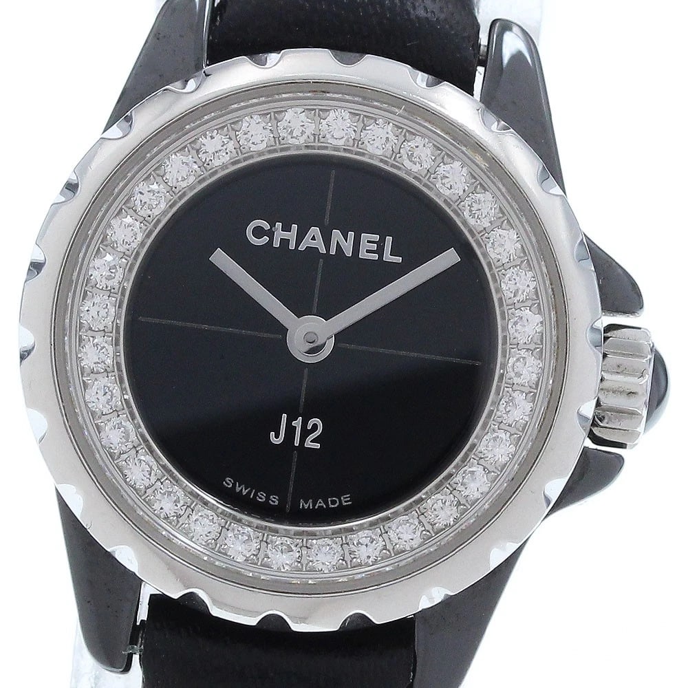 CHANEL J12 DIAMOND BLACK DIAL QUARTZ WATCH: CHANEL J12 Diamond black Dial Quartz Watch Brand: CHANEL Type/Style: Wristwatch Material: Band Material leather, Case Material Ceramic / Stainless Steel Color: Dial Color black Size: Case Size About20