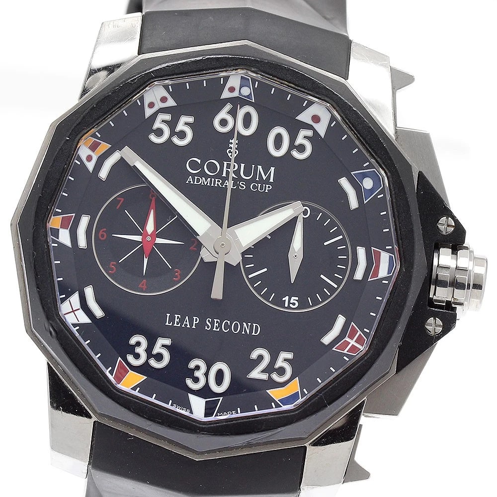 CORUM ADMIRAL'S CUP LEAP TIME CHRONOGRAPH AUTOMATIC WATCH: CORUM Admiral's Cup Leap Time Chronograph Automatic Watch Brand: CORUM Type/Style: Wristwatch Material: Band Material rubber, Case Material Stainless Steel Color: Dial Color black Size: Case Size