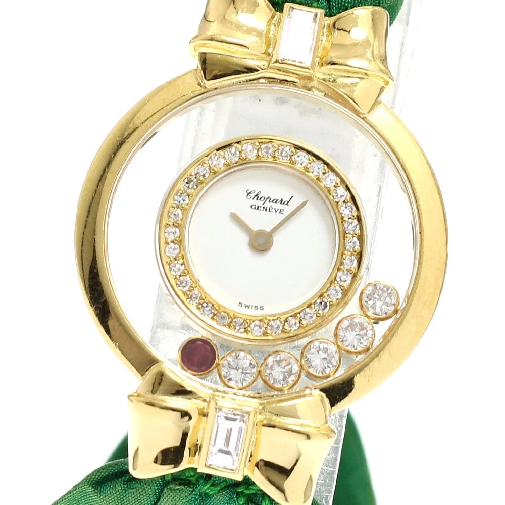CHOPARD HAPPY DIAMOND RIBBON DIAMOND QUARTZ WATCH: Chopard Happy Diamond Ribbon Diamond Quartz Watch Brand: Chopard Type/Style: Wristwatch Material: Band Material Nylon / leather, Case Material 18K Yellow Gold Color: Dial Color white Size: Case Size