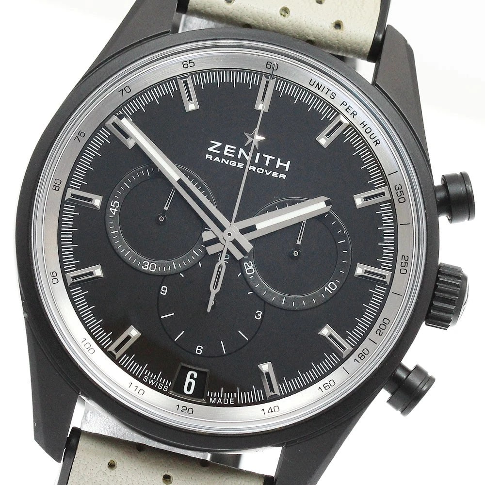 ZENITH CHRONOMASTER EL PRIMERO RANGE ROVER WATCH: ZENITH Chronomaster El Primero Range Rover Watch Brand: ZENITH Type/Style: Wristwatch Material: Band Material Leather / Rubber, Case Material aluminum Color: Dial Color black Size: Case Size