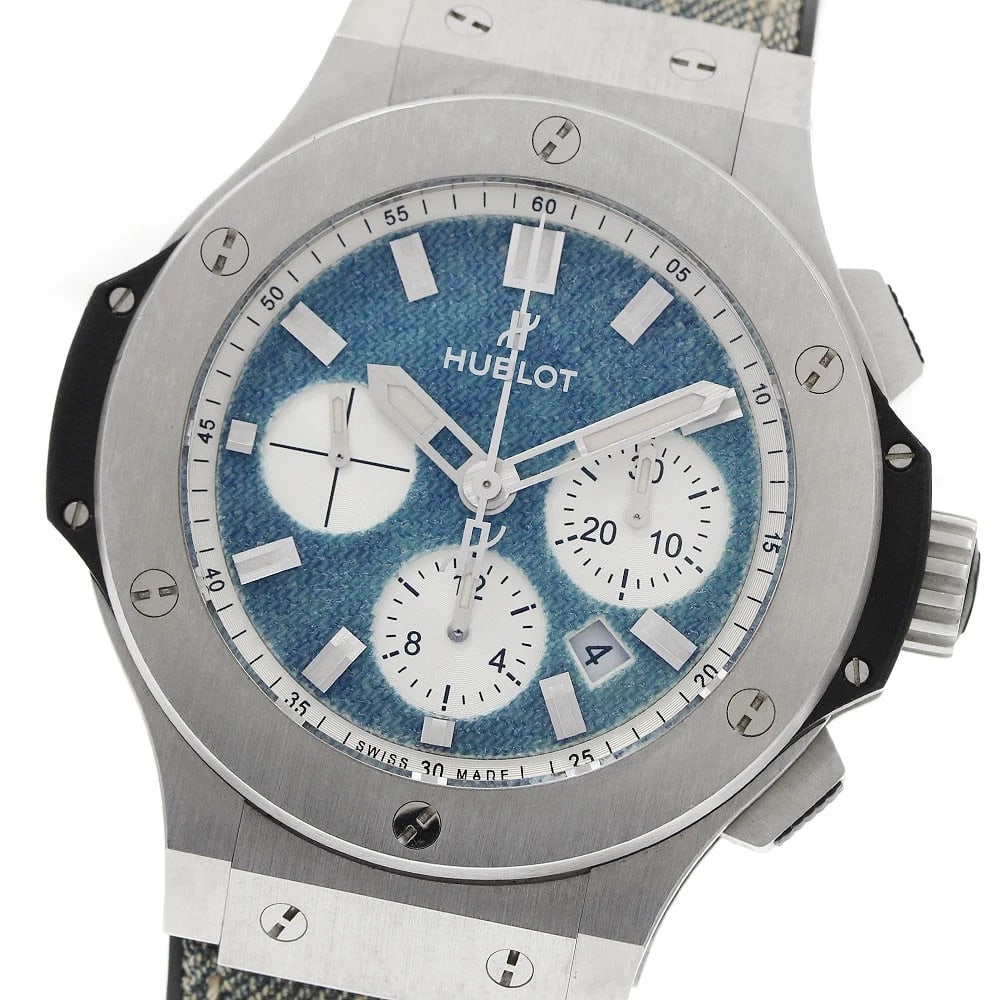 HUBLOT BANG JEANS JEANS LIMITED WATCH: HUBLOT Bang jeans JEANS Limited Watch Brand: HUBLOT Type/Style: Wristwatch Material: Band Material Denim/Rubber, Case Material Stainless Steel Color: Dial Color blue Size: Case Size About48mm