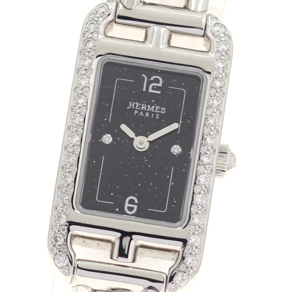 HERMES NANTUCKET PM DIAMOND AVENTURINE QUARTZ WATCH: HERMES Nantucket PM Diamond Aventurine Quartz Watch Brand: HERMES Type/Style: Wristwatch Material: Band Material Stainless Steel, Case Material Stainless Steel Color: Dial Color Navy Size: Case Size
