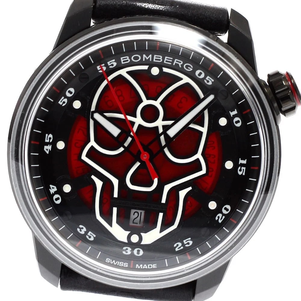 BOMBERG SKULL DATE RED DIAL AUTOMATIC WATCH: BOMBERG Skull Date Red Dial Automatic Watch Brand: BOMBERG Type/Style: Wristwatch Material: Band Material leather, Case Material Stainless Steel Color: Dial Color Red Size: Case Size About43mm