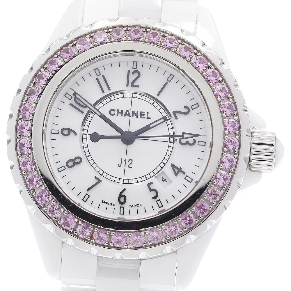 CHANEL J12 PINK SAPPHIRE BEZEL WHITE DIAL QUARTZ WATCH: CHANEL J12 Pink Sapphire Bezel White Dial Quartz Watch Brand: CHANEL Type/Style: Wristwatch Material: Band Material Stainless Steel / ceramic, Case Material Stainless Steel / ceramic Color: Dial