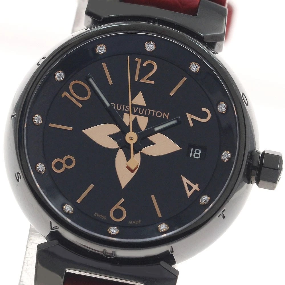 LOUIS VUITTON TAMBOUR ALL BLACK PM DIAMOND QUARTZ WATCH: LOUIS VUITTON Tambour All Black PM diamond Quartz Watch Brand: LOUIS VUITTON Type/Style: Wristwatch Material: Band Material leather, Case Material Stainless Steel Color: Dial Color black Size: Case