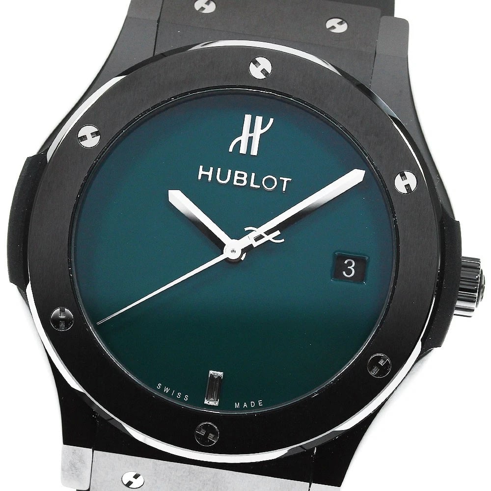 HUBLOT CLASSIC FUSION BLACK CERAMIC AUTOMATIC WATCH: HUBLOT Classic Fusion Black Ceramic Automatic Watch Brand: HUBLOT Type/Style: Wristwatch Material: Band Material rubber, Case Material ceramic Color: Dial Color British green Size: Case Size