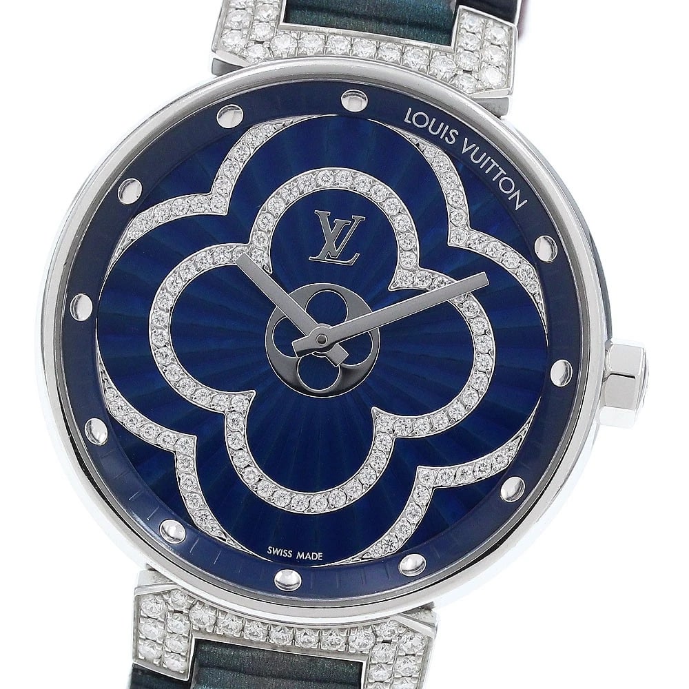 LOUIS VUITTON TAMBOUR MOON DIVINE DIAMOND BLUE WATCH: LOUIS VUITTON Tambour Moon Divine diamond blue Watch Brand: LOUIS VUITTON Type/Style: Wristwatch Material: Band Material leather, Case Material Stainless Steel Color: Dial Color blue Size: Case Size