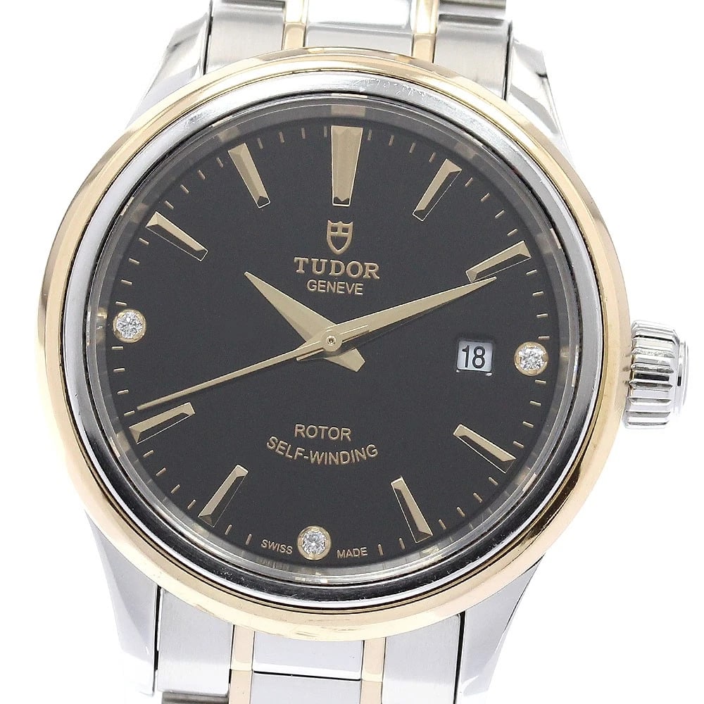 TUDOR STYLE DATE DIAMOND BLACK DIAL AUTOMATIC WATCH: TUDOR style Date diamond black Dial Automatic Watch Brand: TUDOR Type/Style: Wristwatch Material: Band Material Stainless Steel/YG, Case Material Stainless Steel/YG Color: Dial Color black Size: Case