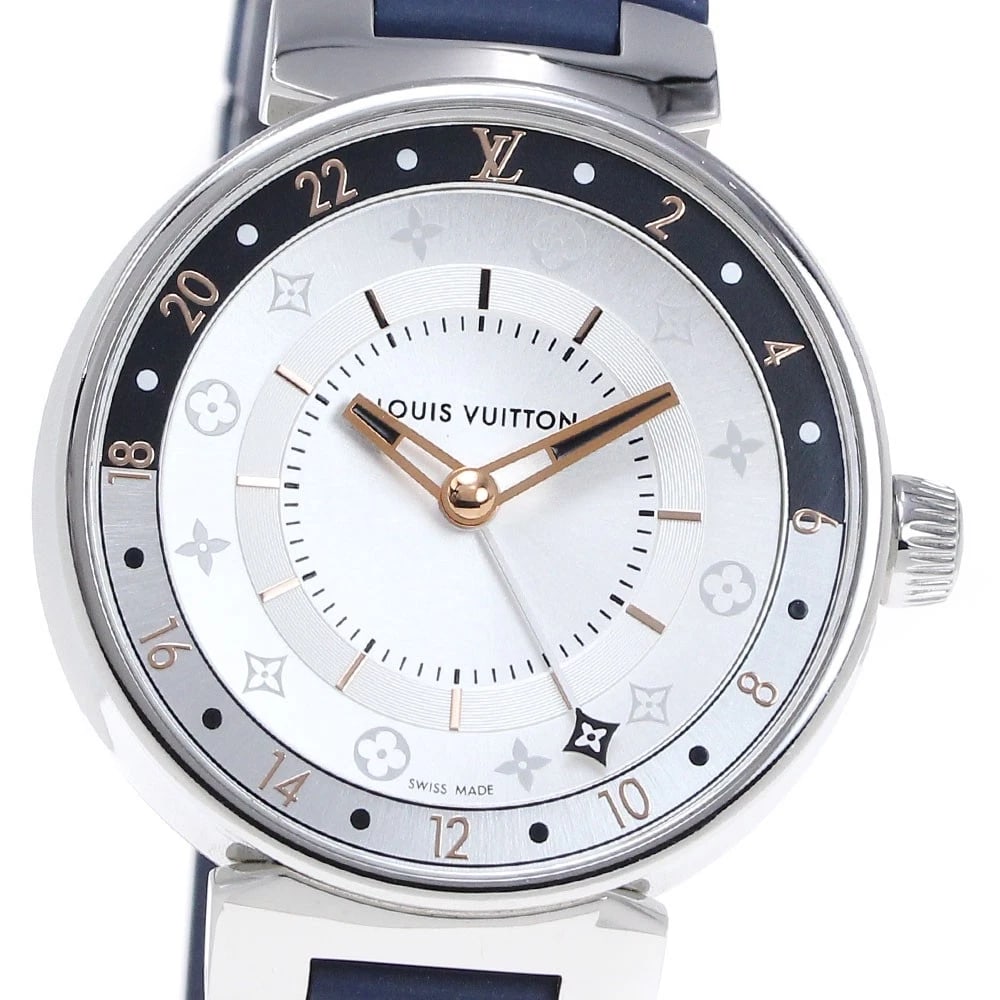 LOUIS VUITTON TAMBOUR MOON DUAL TIME QUARTZ WATCH: LOUIS VUITTON Tambour Moon Dual Time Quartz Watch Brand: LOUIS VUITTON Type/Style: Wristwatch Material: Band Material rubber, Case Material Stainless Steel Color: Dial Color Silver Size: Case Size