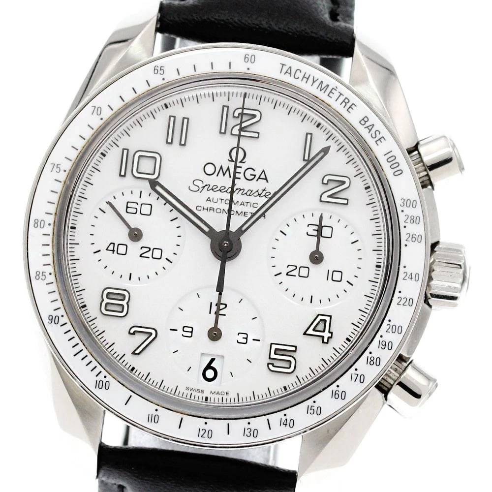 OMEGA SPEEDMASTER DATE CHRONOGRAPH AUTOMATIC WATCH: OMEGA Speedmaster Date Chronograph Automatic Watch Brand: OMEGA Type/Style: Wristwatch Material: Band Material leather, Case Material Stainless Steel Color: Dial Color white Size: Case Size About38mm