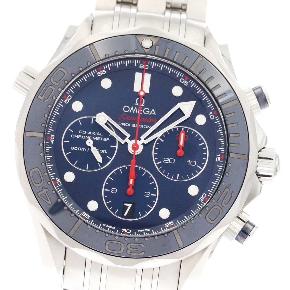 OMEGA SEAMASTER CO-AXIAL CHRONOGRAPH WATCH: OMEGA Seamaster Co-Axial Chronograph Watch Brand: OMEGA Type/Style: Wristwatch Material: Band Material Stainless Steel, Case Material Stainless Steel Color: Dial Color Navy Size: Case Size About44mm