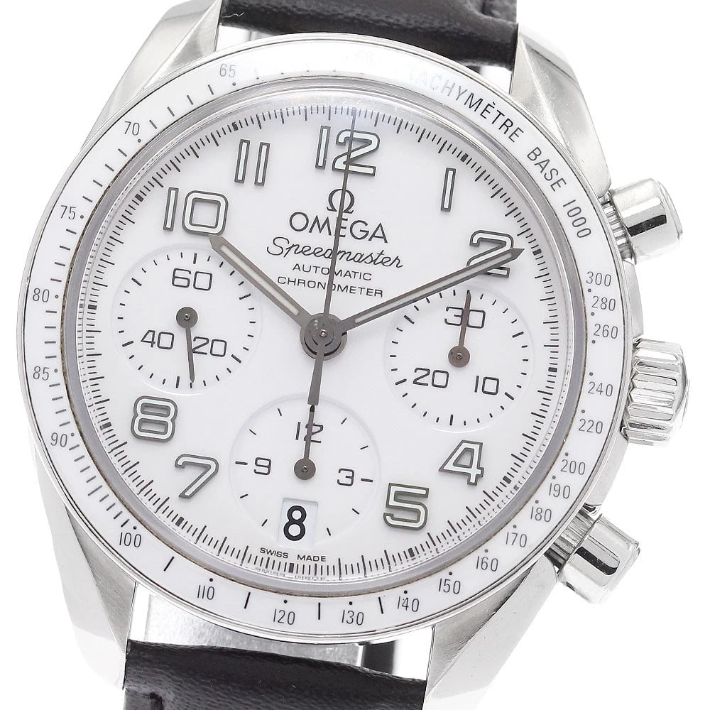 OMEGA SPEEDMASTER DATE CHRONOGRAPH AUTOMATIC WATCH: OMEGA Speedmaster Date Chronograph Automatic Watch Brand: OMEGA Type/Style: Wristwatch Material: Band Material leather, Case Material Stainless Steel Color: Dial Color white Size: Case Size About38mm