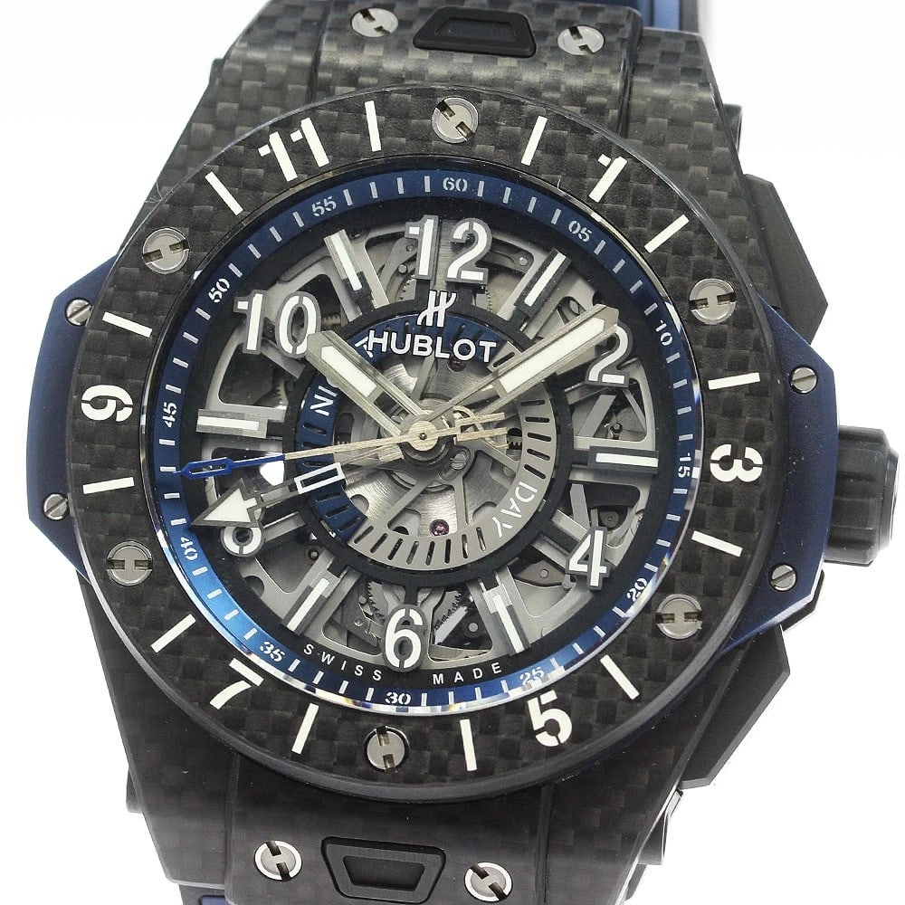 HUBLOT BIG BANG UNICO CARBON AUTOMATIC WATCH: HUBLOT Big Bang Unico Carbon Automatic Watch Brand: HUBLOT Type/Style: Wristwatch Material: Band Material rubber, Case Material carbon Color: Dial Color skeleton Size: Case Size About49mm (1.9inch)