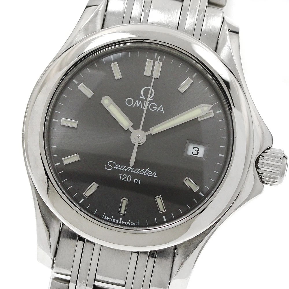 OMEGA SEAMASTER DATE GRAY DIAL QUARTZ WATCH: OMEGA Seamaster Date Gray Dial Quartz Watch Brand: OMEGA Type/Style: Wristwatch Material: Band Material Stainless Steel, Case Material Stainless Steel Color: Dial Color gray Size: Case Size About29mm