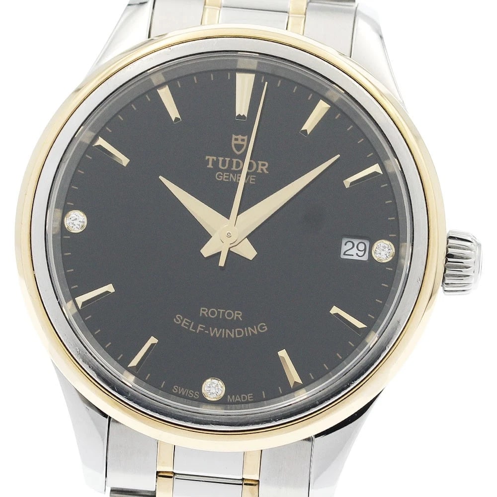 TUDOR STYLE DATE DIAMOND BLACK DIAL AUTOMATIC WATCH: TUDOR style Date diamond black Dial Automatic Watch Brand: TUDOR Type/Style: Wristwatch Material: Band Material Stainless Steel/YG, Case Material Stainless Steel/YG Color: Dial Color black Size: Case