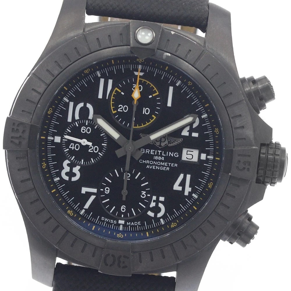 BREITLING AVENGER CHRONOGRAPH NIGHT MISSION AUTOMATIC WATCH: BREITLING Avenger Chronograph Night Mission Automatic Watch Brand: BREITLING Type/Style: Wristwatch Material: Band Material Leather / nylon, Case Material titanium Color: Dial Color black Size: Case
