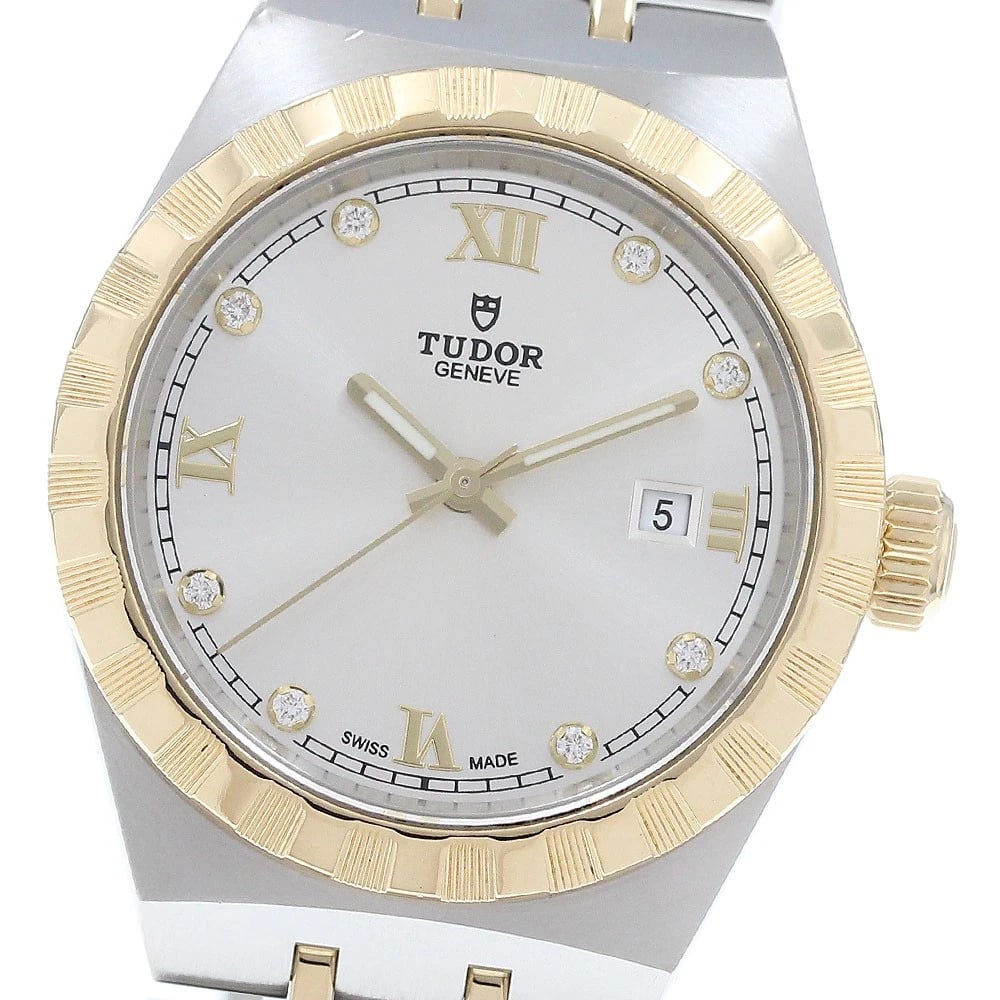 TUDOR ROYAL DATE DIAMOND SILVER DIAL AUTOMATIC WATCH: TUDOR Royal Date diamond Silver Dial Automatic Watch Brand: TUDOR Type/Style: Wristwatch Material: Band Material Stainless Steel/YG, Case Material Stainless Steel/YG Color: Dial Color Silver Size: Cas