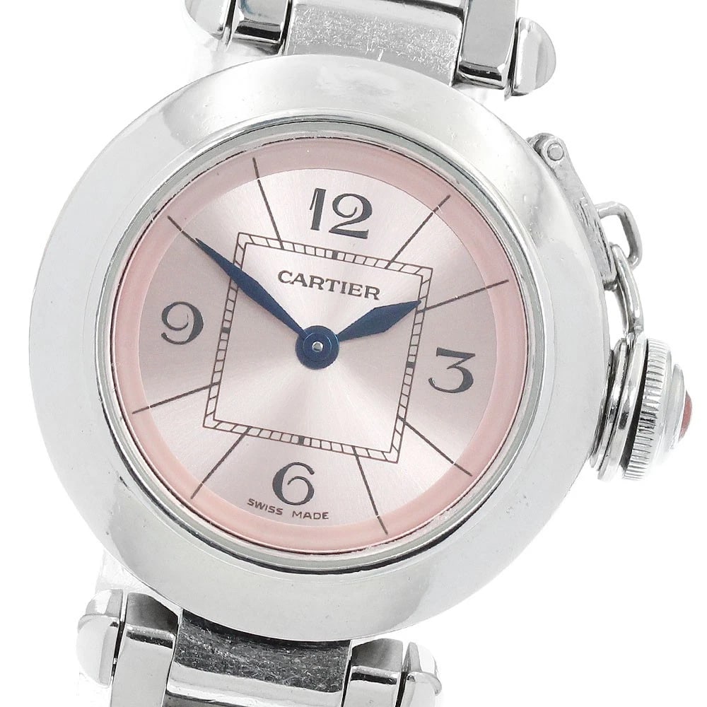 CARTIER MISPACHA PINK DIAL QUARTZ WATCH: CARTIER Mispacha pink Dial Quartz Watch Brand: CARTIER Type/Style: Wristwatch Material: Band Material Stainless Steel, Case Material Stainless Steel Color: Dial Color pink Size: Case Size About27mm