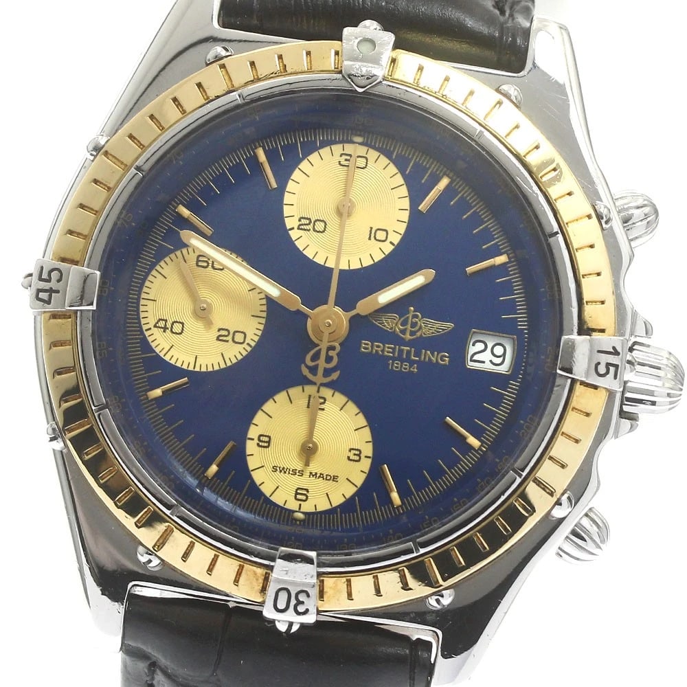 BREITLING CHRONOMNAVY / GOLD DIAL WATCH: BREITLING ChronomNavy / Gold Dial Watch Brand: BREITLING Type/Style: Wristwatch Material: Band Material leather, Case Material Stainless Steel Color: Dial Color Navy / Gold Size: Case Size