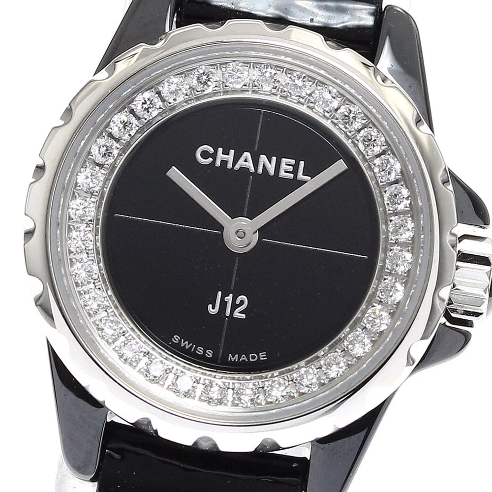 CHANEL J12 DIAMOND BLACK DIAL QUARTZ WATCH: CHANEL J12 Diamond black Dial Quartz Watch Brand: CHANEL Type/Style: Wristwatch Material: Band Material leather, Case Material Stainless Steel / ceramic Color: Dial Color black Size: Case Size