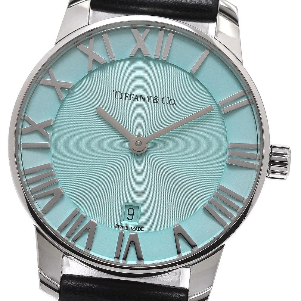 TIFFANY&CO. ATLAS DATE BLUE DIAL QUARTZ WATCH: TIFFANY&Co. Atlas Date Blue Dial Quartz Watch Brand: TIFFANY&Co. Type/Style: Wristwatch Material: Band Material leather, Case Material Stainless Steel Color: Dial Color blue Size: Case Size About29mm