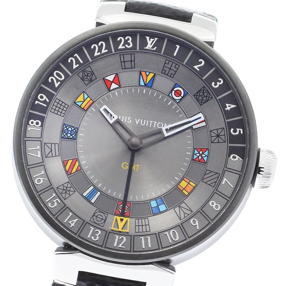 LOUIS VUITTON TAMBOUR MOON DUAL TIME GMT GRAY WATCH: LOUIS VUITTON Tambour Moon Dual Time GMT gray Watch Brand: LOUIS VUITTON Type/Style: Wristwatch Material: Band Material leather, Case Material Stainless Steel Color: Dial Color gray Size: Case Size